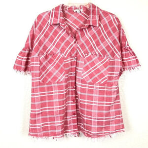 Umgee Red White Short Sleeve Plaid Button-Up Shirt Medium